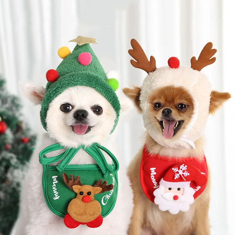 

Dog Cat Pet Christmas Hat Bomei Autumn and Winter Clothes Saliva Towel Bib Teddy Fighting Dressing Supplies