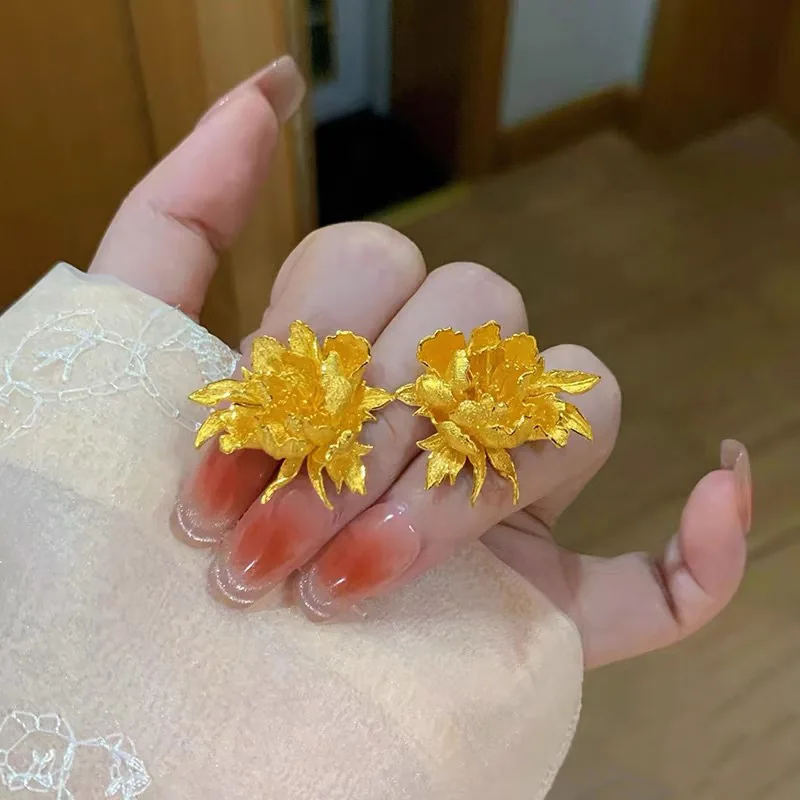 Фото Роскошное кольцо из чистого золота 24K 9999 пробы с цветком пиона, женские серьги, регулируемое кольцо с открывающимся механизмом №2