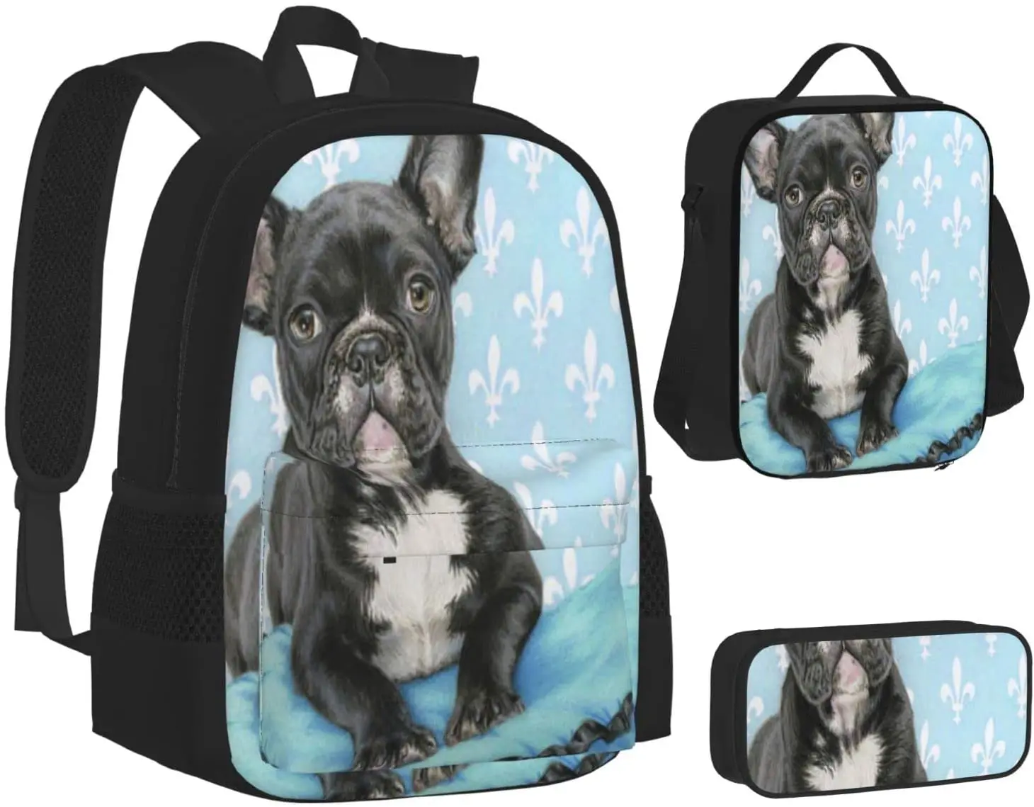 French Bulldogs Girl Schoolbag Travel Bag Casual Daypack Lunch Bag Pencil Case for Boys Teens Girls 3pcs Sets