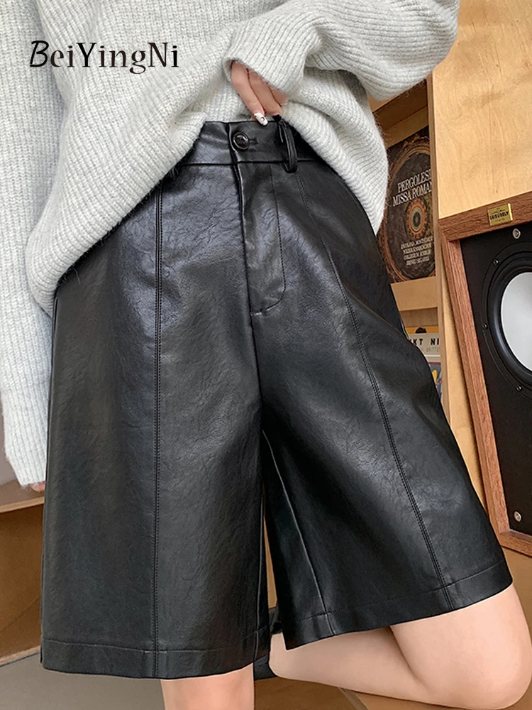 

Весна-Осень 2023, женские шорты Beiyingni из искусственной кожи с высокой талией, серые, черные, женские повседневные винтажные уличные кожаные шорты