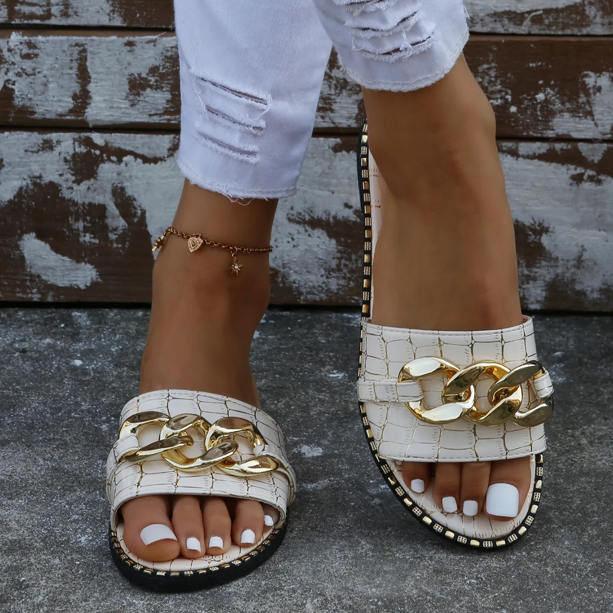 

Chain Sandals Luxury Designer Flat Sandalias De Mujer Verano Sandalias Planas Plus Size Cute Leisure Slipper