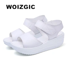 WOIZGIC Women's Mother Ladies Female Genuine Leather Shoes Sandals Woman Platform Hook Loop Casual Summer Cool Beach AM-9018