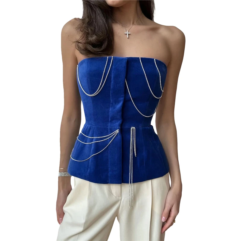 

y2k Tube Top 2000s Women Solid Color Off Shoulder Strapless Sleeveless Wrapped Bandeau with Metal Chain Sexy Party Clubwear