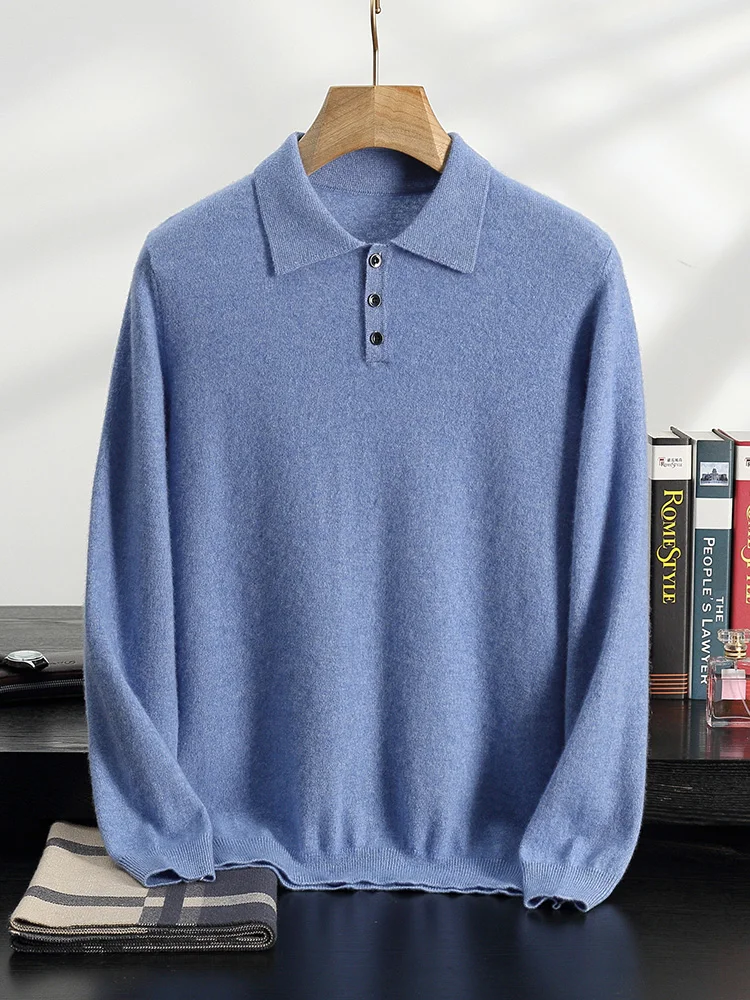 Осень-зима мужской кашемировый свитер пуловер с воротником-поло трикотаж из 100%