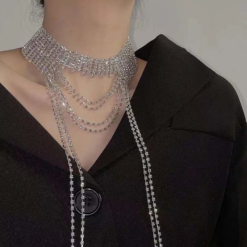 

Shiny Full Rhinestone Long Tassel Chain Choker Collar Statement Necklace for Women High Quality Multi-layer Necklace Jewelry