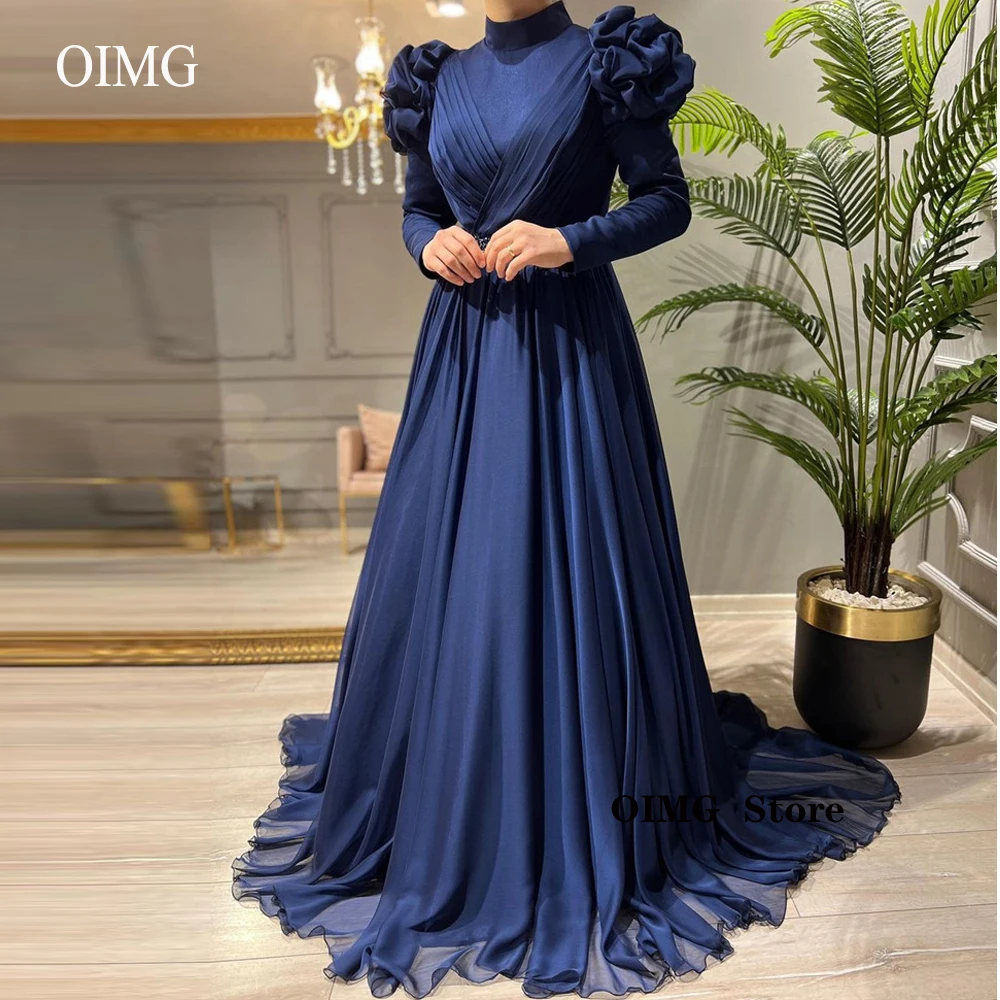 

OIMG сдержанные темно-синие шелковые шифоновые арабские женские Формальные Вечерние платья с длинным рукавом с высоким воротником и оборками Простые платья для выпускного вечера