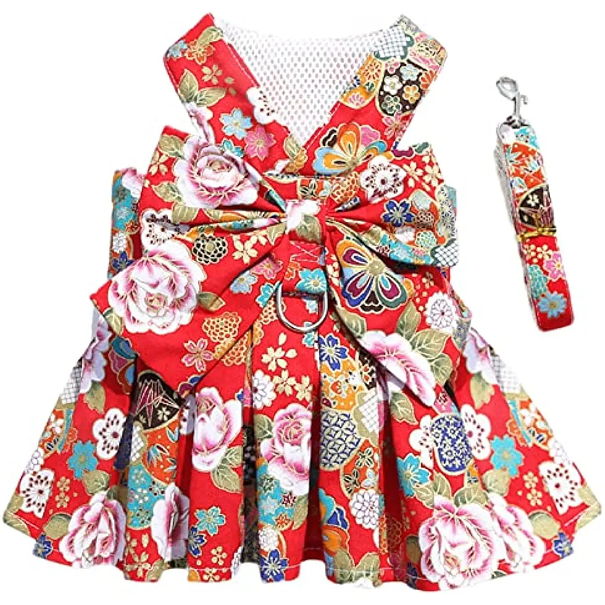

Chinese Style Floral Dresses with Leash Set Pet Bowknot Princess Dress Chihuahua Yorkies Pet Sundress Party Gown Puppy Clothes