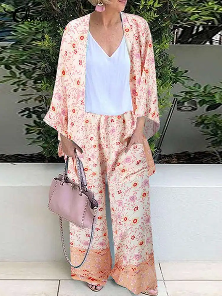 

Celmia 2022 Spring Women 2 PCS Sets Bohemian Floral Print Fashion Pant Sets 3/4 Sleeve Cardigan and Wide Leg Long Trouser Suits
