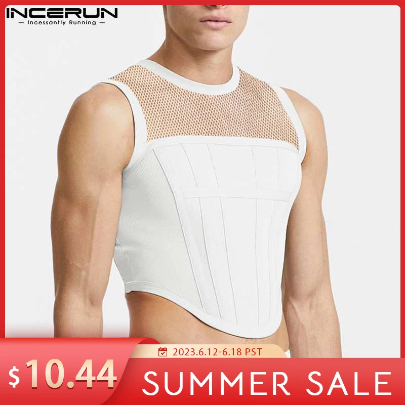 

Men Tank Tops Mesh Patchwork 2023 Round Neck Sleeveless See Through Sexy Vests Streetwear Party Nightclub Men Crop Tops INCERUN