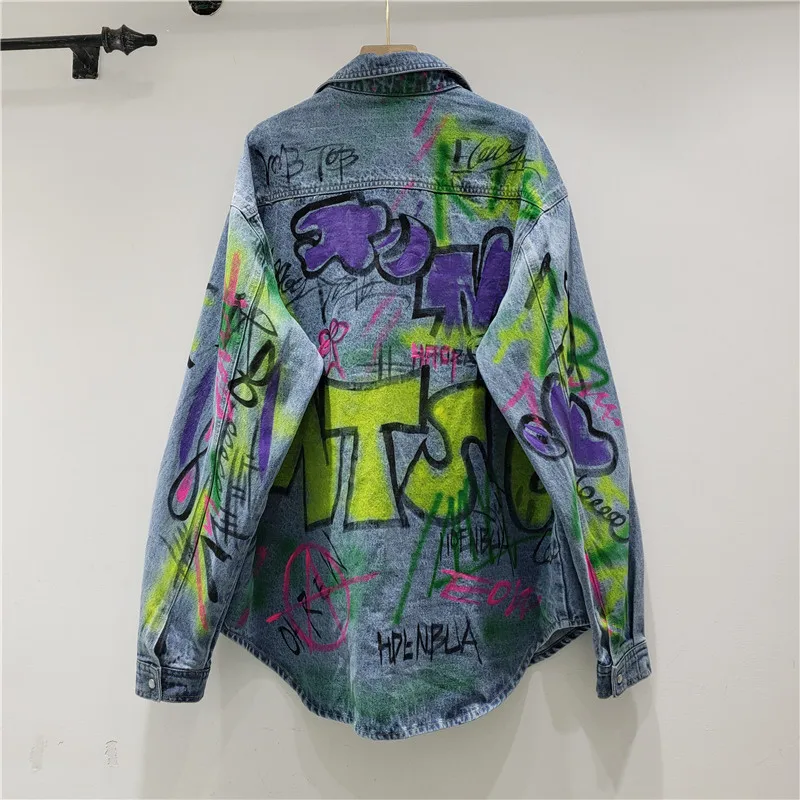 Куртка женская джинсовая с длинным рукавом винтажный пиджак из денима принтом