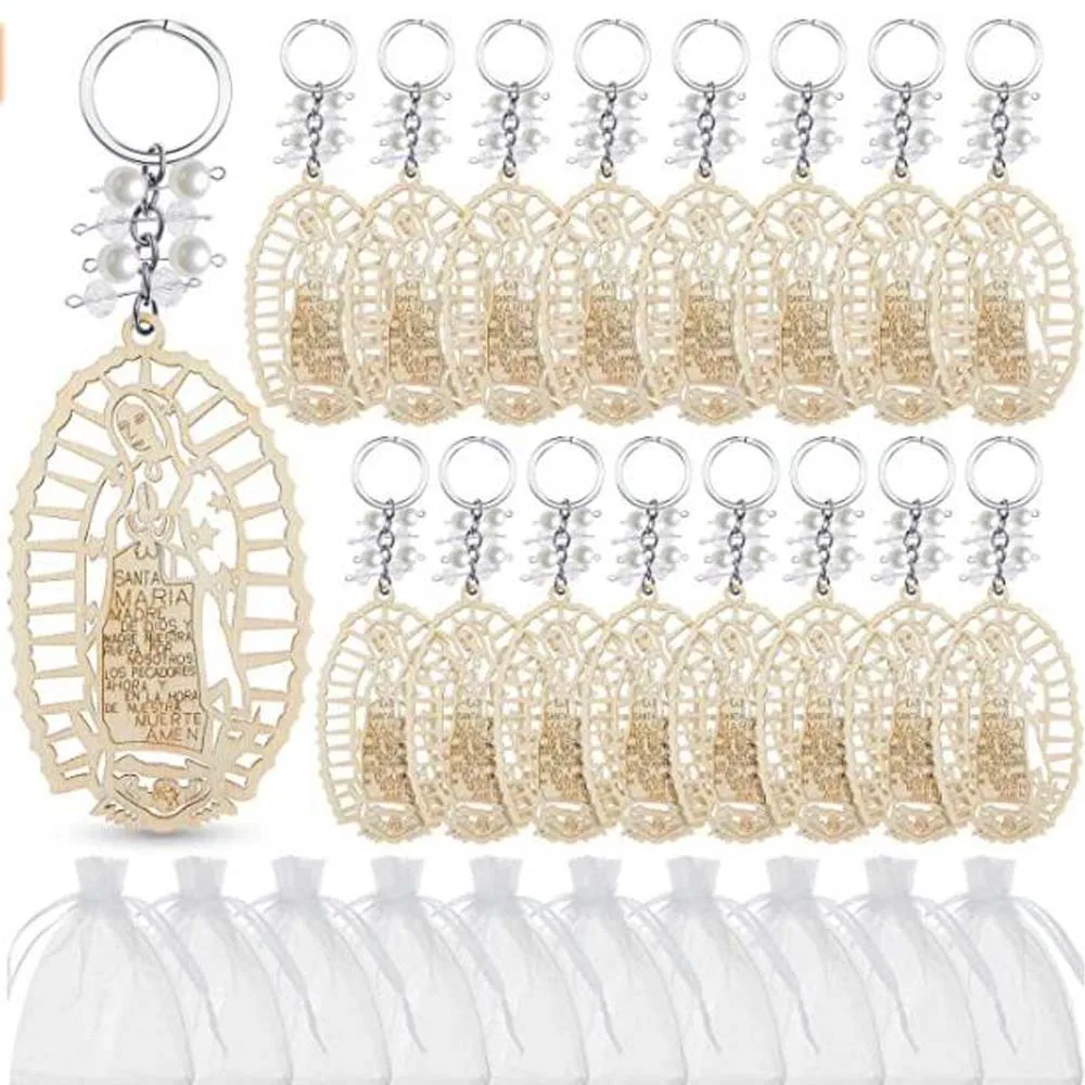 

15 Pieces Baptism Our Lady of Guadalupe Wood Design Keychain with Organza Gift Bags for Baptism Christening Communion Weddings P