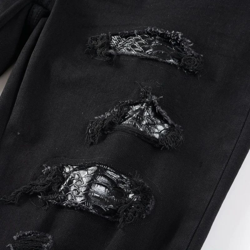 Street Fashion Men Jeans Black Elastic Slim Ripped Jeans Men Destroyed Hole Trousers Cobra Patch Designer Brand Hip Hop Pants