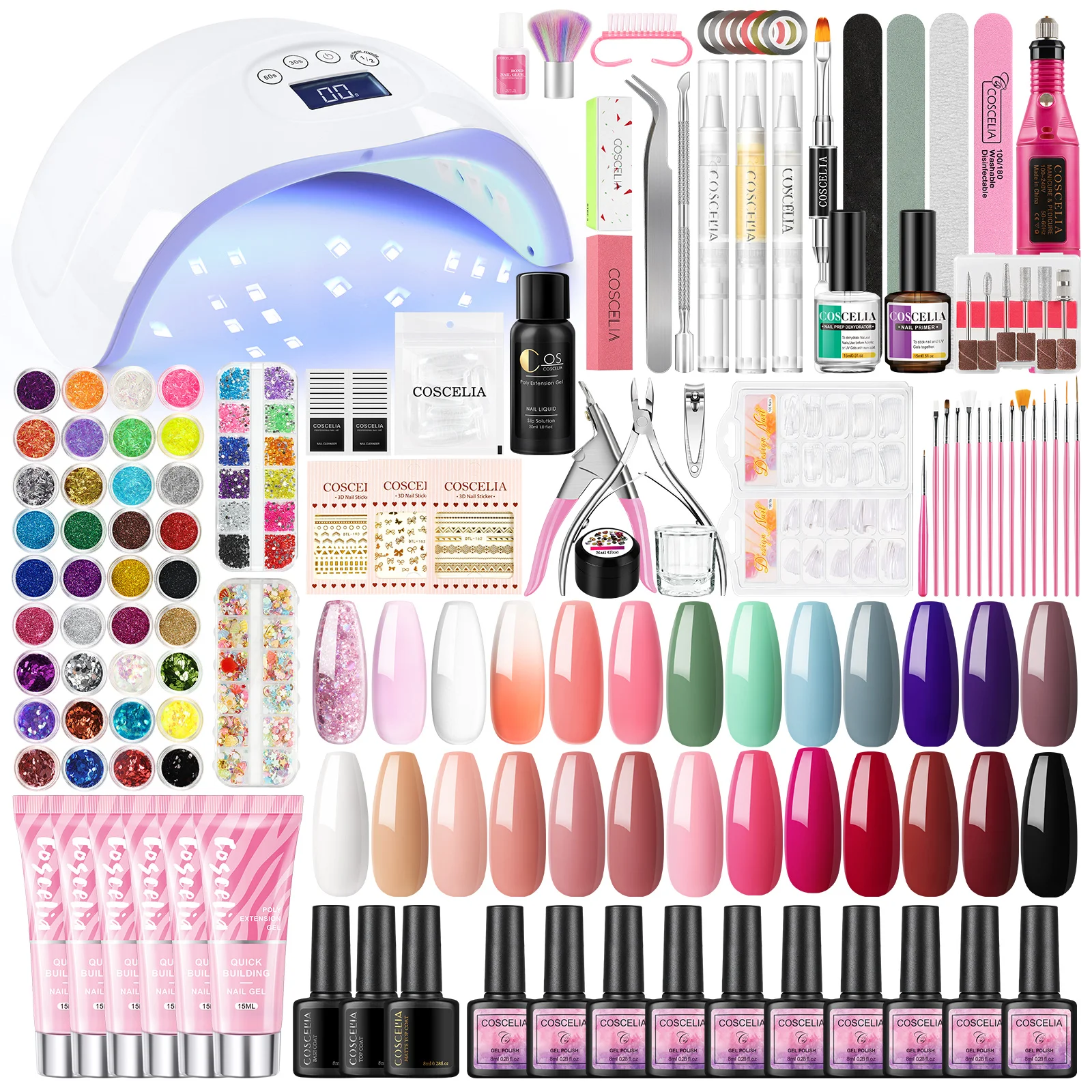 

COSCELIA Poly Extension Gel Nail Kit with UV Led Lamp Gel Nail Polish Machine Glitter Tips Nail Art Decoration Tools Set