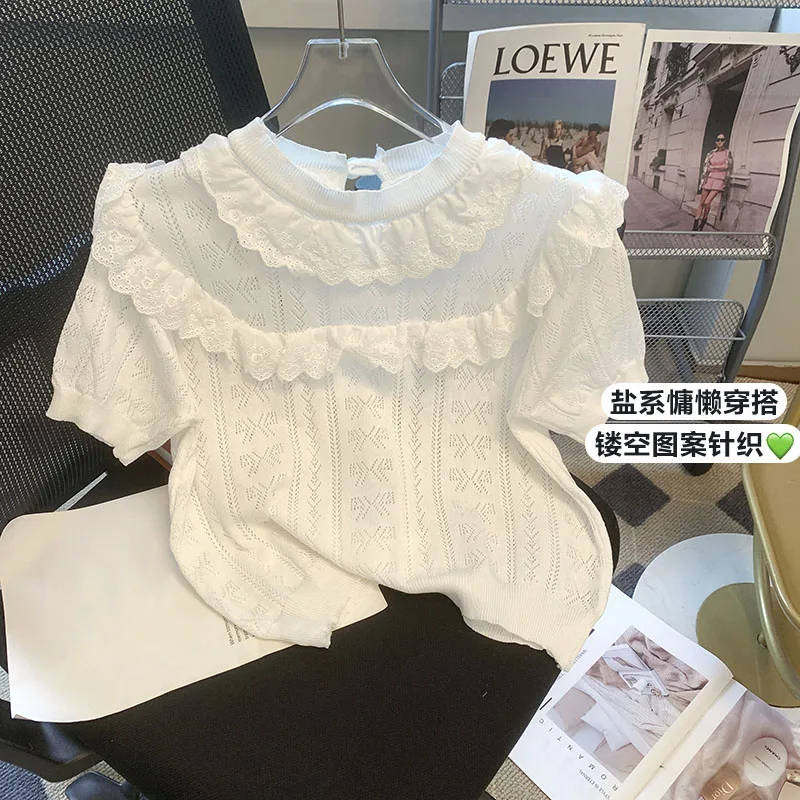

Women Fashion With Ruffles Knit Crop Sweater Vintage O Neck Short Sleeve Female Pullovers Chic Tops