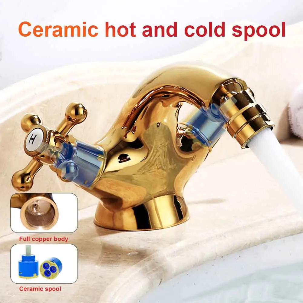 

Anti Rust European Style Dual Handle Gold Bidet Faucets Home Easy Install Brass Hot Cold Tap Single Hole Hotel Replacement Parts