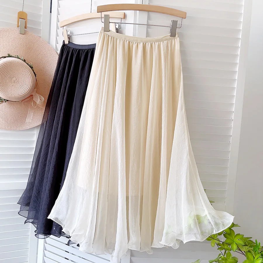 

2022 Women A-Line Mesh Skirt High Waist Women Solid Color Boho Khaki Long Skirt Femme Faldas Jupe Saia