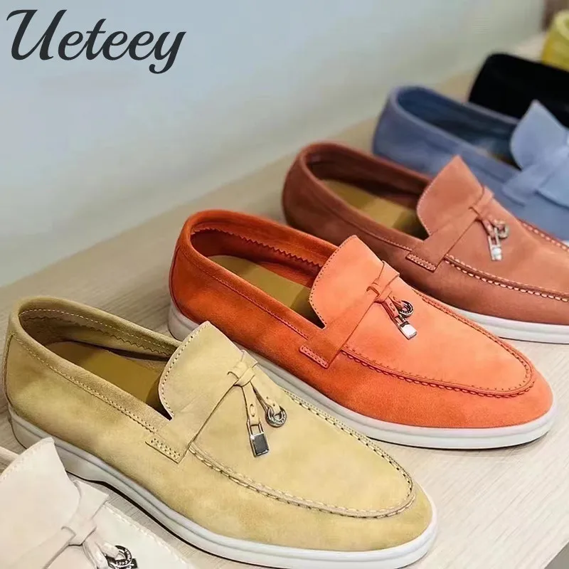Luxury Women Moccasin Flat Shoes Summer Walk Shoes Cow Suede Metal Lock Slip-on Lazy Loafers Casual Popular Mules Driving Shoes