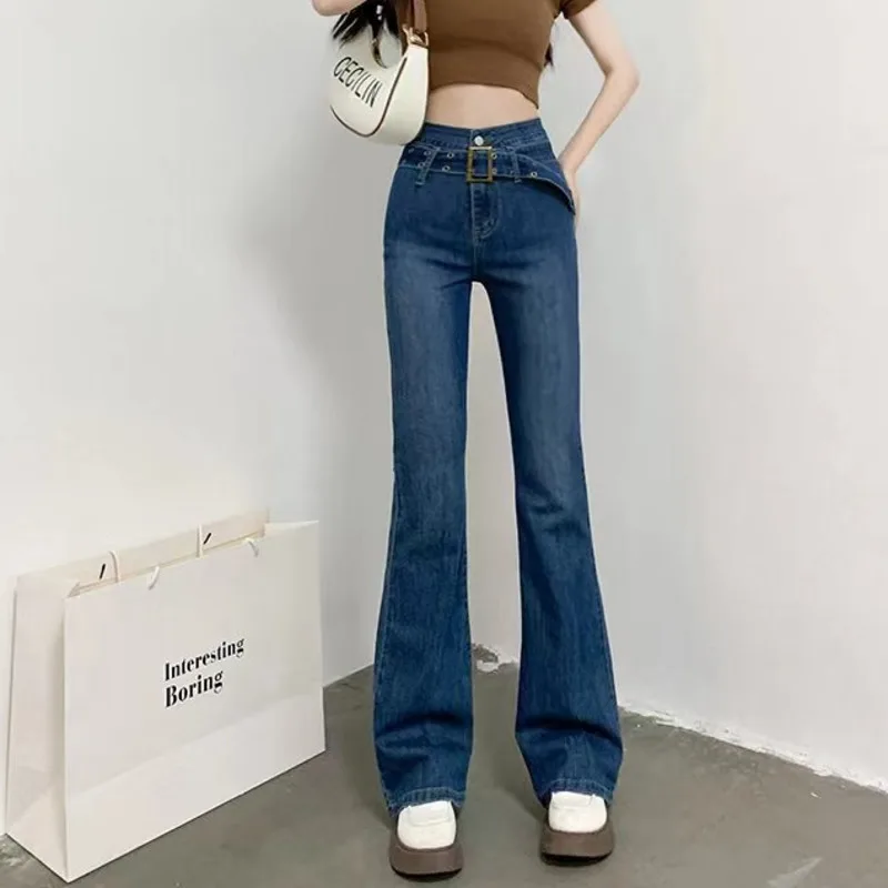 

#3144 эластичные джинсы из хлопка, синие джинсы с высокой талией, женские узкие длинные расклешенные джинсы, женские классические джинсы с поясом