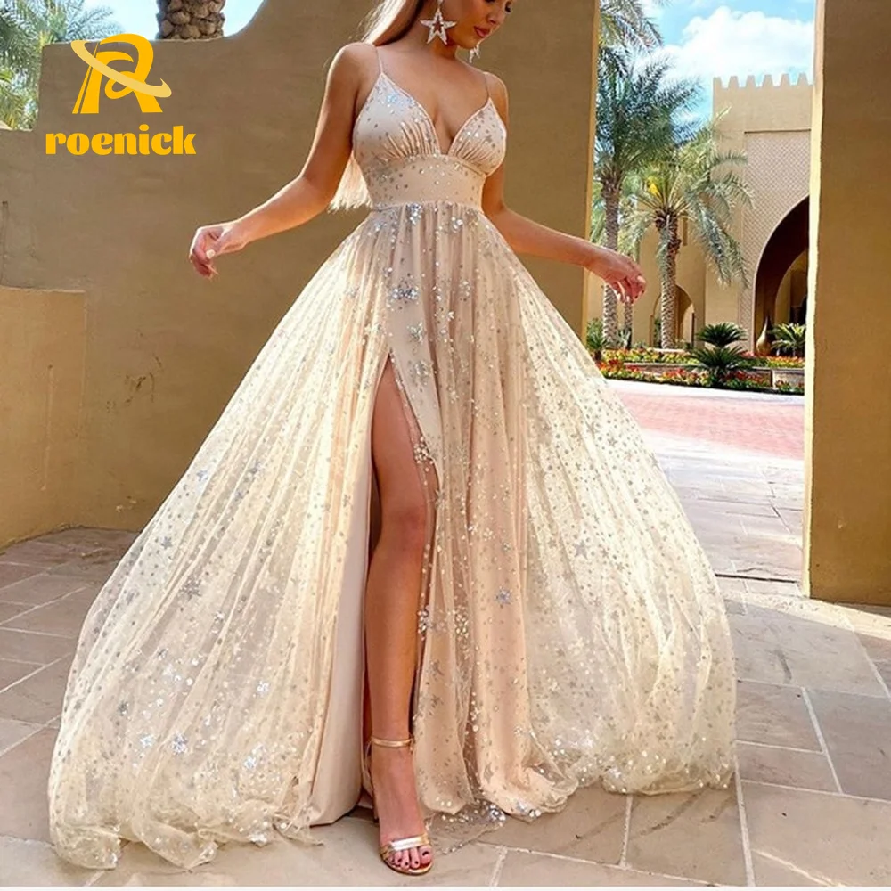 

ROENICK Women Maxi Evening Spaghetti Strap Dress Female Waist Split Shiny Floor-length Halter Vestidos Prom Party Suspender Gown
