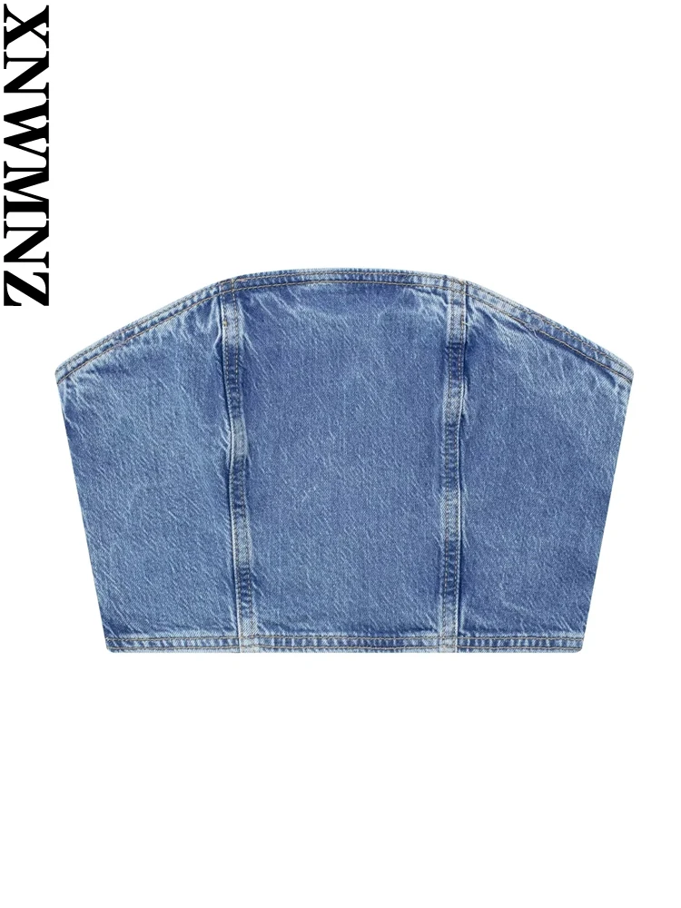 

XNWMNZ Women's Fashion 2023 Crop Denim Strapless Top Vintage High Street Straight Neck Back Zipper Slim Female Chic Top
