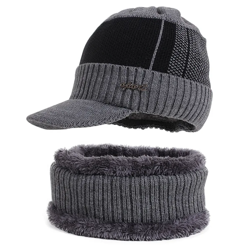 

Winter Men Beanie Caps Warm Knitted Coral Fleece Scarf Hat Set Women Thick Wool Neck Warmer Cap Mask Bonnet Hats Gorras