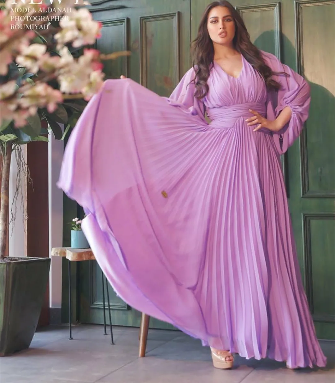 

Длинное шифоновое платье с V-образным вырезом, мусульманское вечернее платье с рукавами, а-силуэт, плиссированное платье до пола на молнии сзади, женское платье для вечерние