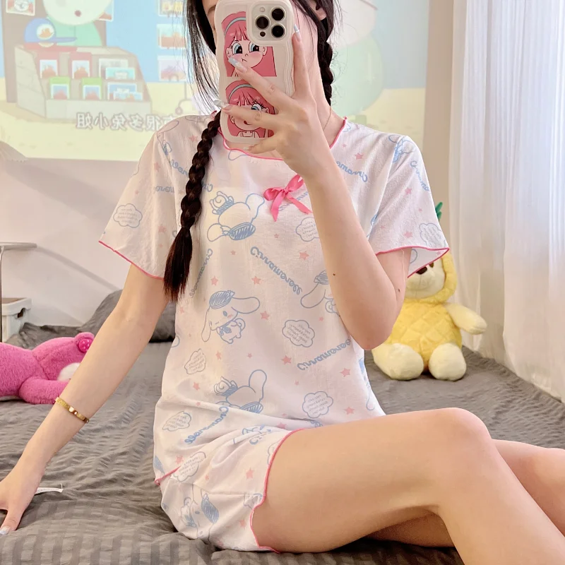 New Anime Kawaii Sanrio Kuromi Pajama Set Girl Cinnamoroll Pochacco Crayon Shinchan Crew Neck Sweet Cotton Loungewear Girl Gift