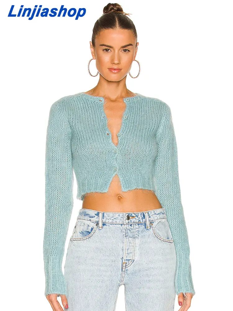 

DEAT Fashion Women's Knitted Cardigan New O-neck Single-breasted Long Sleeve Slim Short Sweater Coat Female Autumn 2022