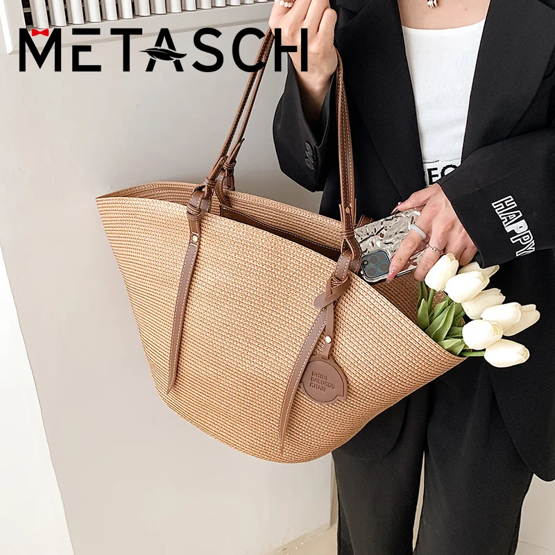 

METASCH Large Capacity Tote Bag Women 2022 New Fashion Tendy Straw Woven Women's Bag Handbag Shoulder Bag Holiday Beach Bag