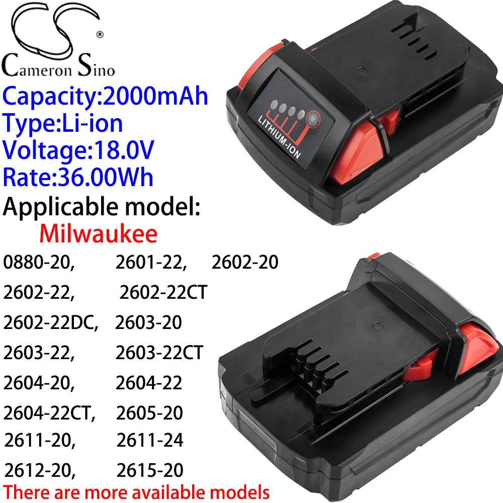 

Cameron Sino Ithium Battery 2000mAh 18V for Milwaukee 2657-20,2662-20,2662-22,2663-20,2663-22,2664-20,2664-22, 2665-20,2665-22