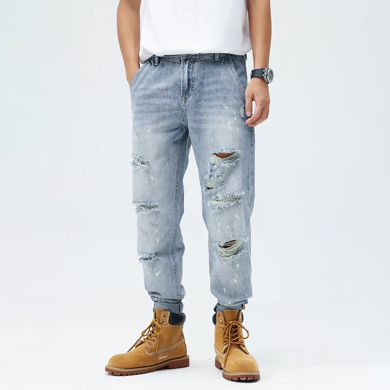

Men Ripped Distressed Destroyed Denim Jeans Summer Hole Light Blue Fashion Youth Casual Daily Worn Out Long Pants