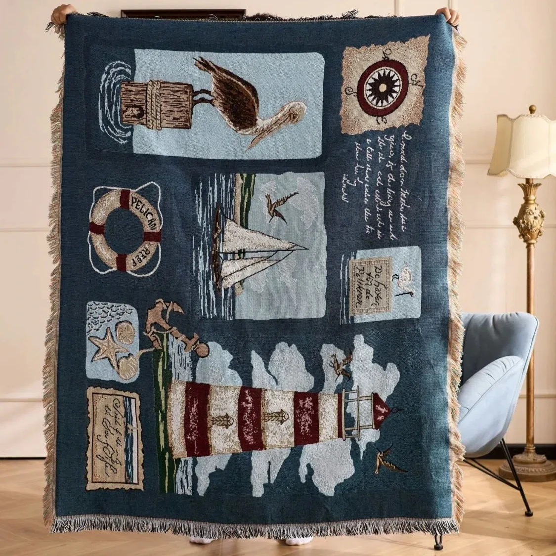 

Текстильное городское жаккардовое одеяло премиум-класса с океаническими мотивами, тканое для уютного домашнего декора и обнимашек