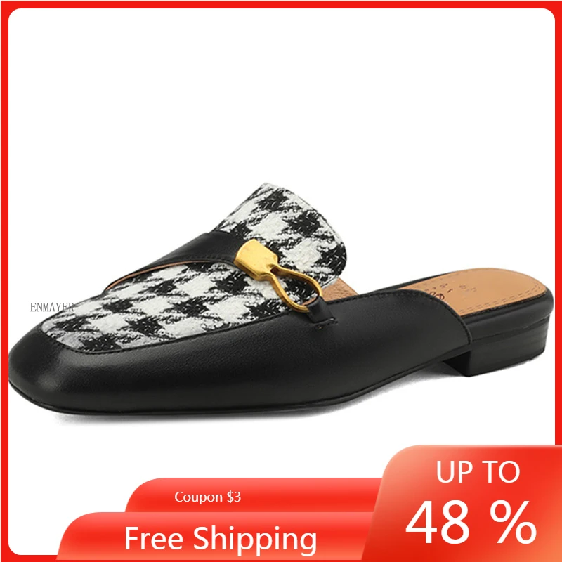 

ENMAYER 2023 New Plaid Square Toe Genuine Leather Slippers Vintage Ladies Mules Summer Shoes Low Heels Slippers black brown