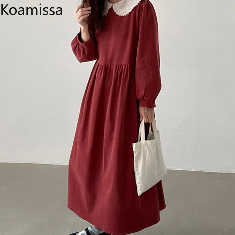 Koamissa Vintage Japanese style Peter pan Collar Long Dress Women Long Sleeve Red Party Vestidos 2021 Gothic Lolita Lace-up Robe