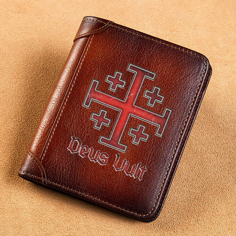

High Quality Genuine Leather Men Wallets The Crusaders Deus Vult Printing Short Card Holder Purse Luxury Brand Male Wallet