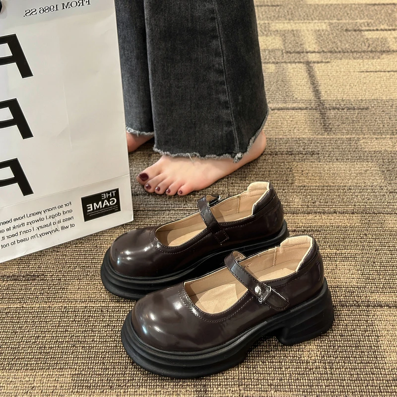 African Woman Shoe Mary Jane 3cm Heels Basketball Platform Shallow Mouth Round Toe 2023 Chunky Sandals Burgundy Thick Retro Loli