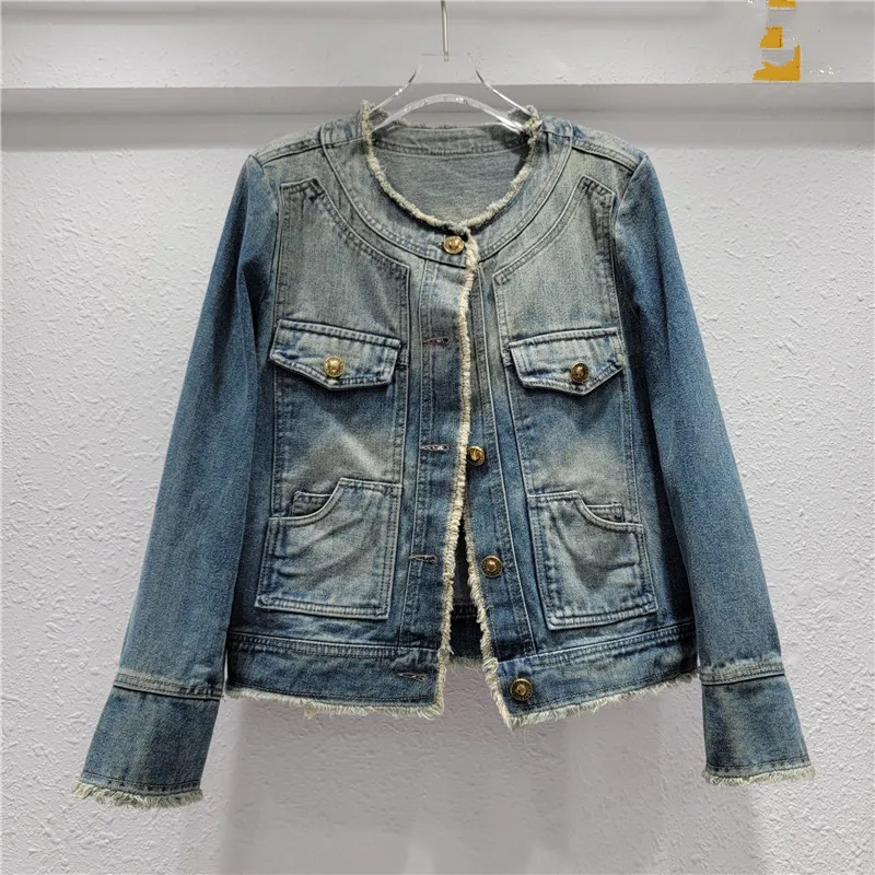 

Autumn Women Vintage Washed Blue Short Denim Jacket Frayed Burrs O-neck Single-breasted Long Sleeve Jeans Jacket Coat Streetwear