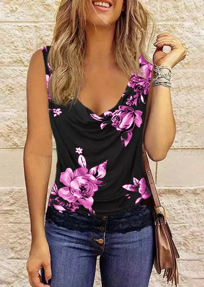 

Elegant Women's Tank Tops 2023 Spring and Summer Commuting Print Piled Collar Splicing Lace Vest Casual All-Match Tank Top