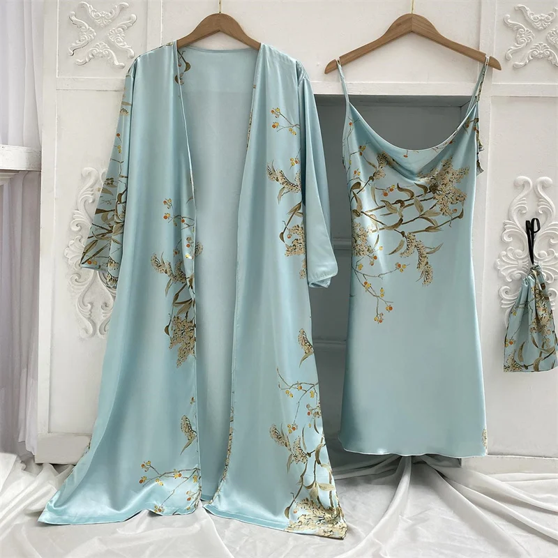 Women's Sleepwear 2 Pcs Sets Satin Silk Sleepwear Floral Printed Robe Nightgown and Backless Sleep Dress Pajamas Set