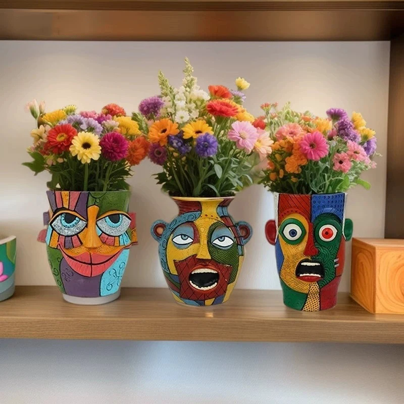 Фото Fauvist Цветочный горшок Смола Горшки для растений Иллюзионное абстрактное лицо Ваза для цветов Украшения Домашний декор Гостиная Стол Рабочий стол Ремесла №4