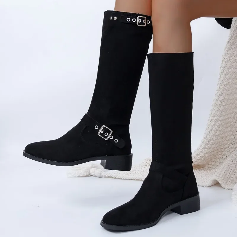 

Женские сапоги без застежки, однотонные сапоги с квадратным носком, на низком каблуке, с пряжкой, в западном стиле, для зимы, 2023