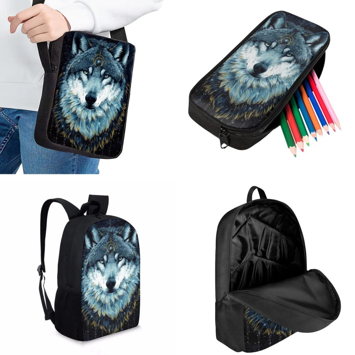 Jackherelook Domineering Wolf King Teenager School Bag 3pcs/Set Trendy Cool Boys Sports Backpack Leisure Travel Bags Knapsack