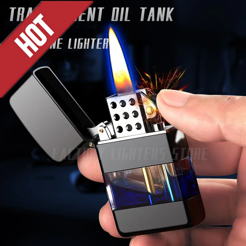 

New Transparent Original Engine Gasoline Grinding Wheel Kerosene Lighter Metal Windproof Steel Cigar Lighter,High-End Men's Gift