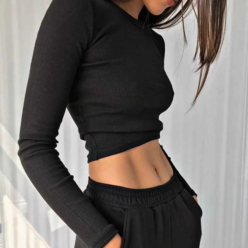 

O Neck Long Sleeve Shirt Women Ribbed Sexy Cropped Tops 2022 Spring Black Casual Skinny Slim Basic Woman White T Shirts