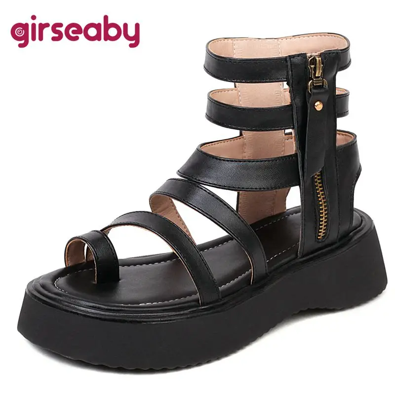 

Girseaby 2022 Womens Sandals Rome Shoes Clip Toe Thick Heels Ankle Strap Zipper Big Size 36-43 Solid Black White Casual S3927