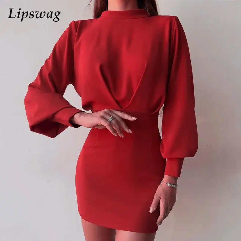 

Женское модное однотонное плиссированное платье с круглым вырезом, Осеннее повседневное мини-платье с длинным рукавом, офисное Женское зим...