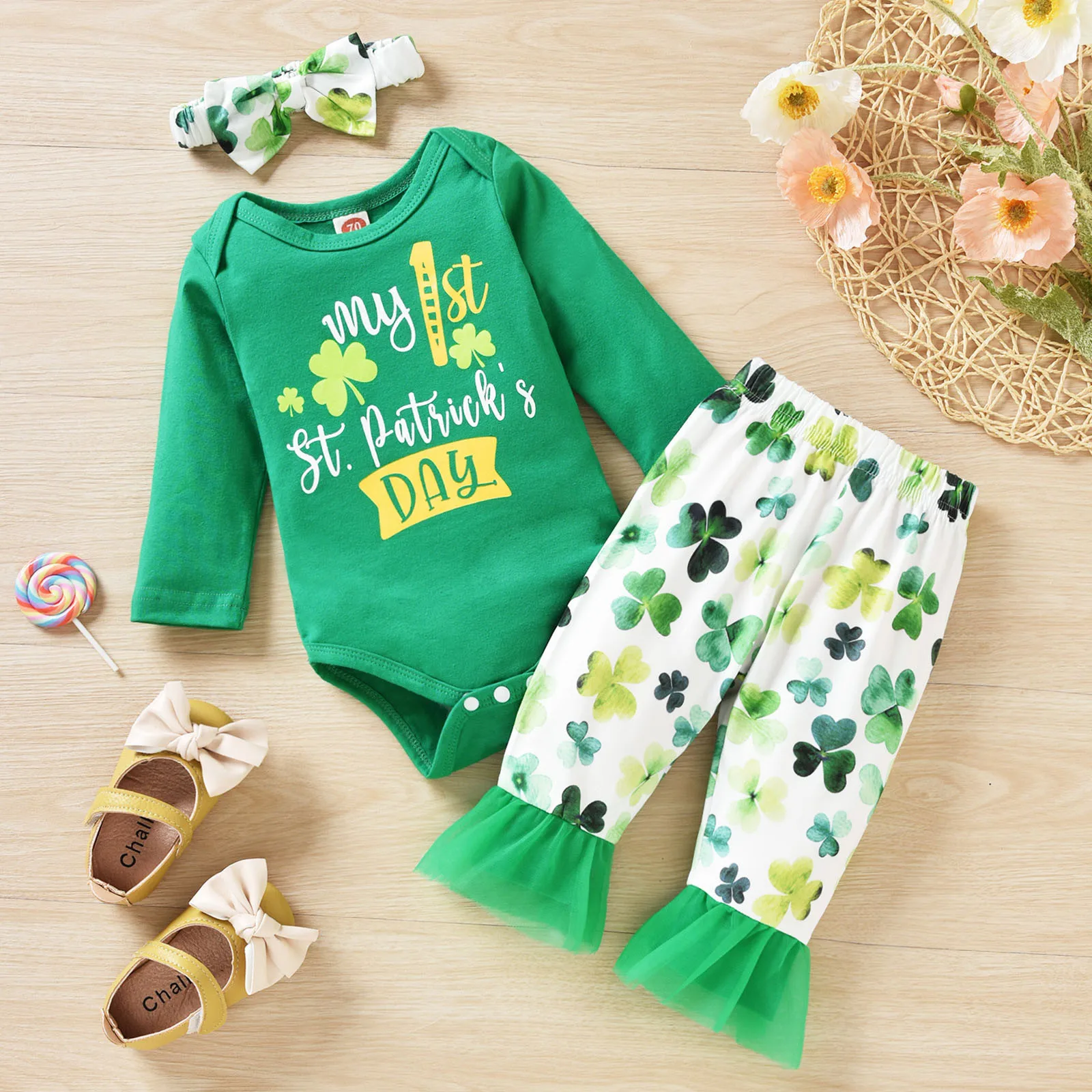 

My First St.Patrick's Day Girl Outfit Clover Print Toddler Girls Clothes Set Long Sleeves Bodysuit Pants Girl Baby Clothing Set