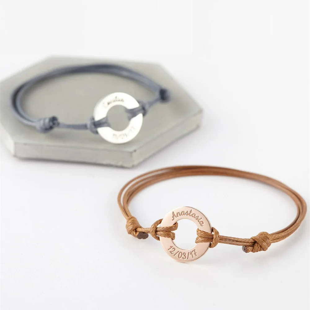 

Personalized Rope Adjustable Bracelet Custom Name Circle Stainless Steel Bracelet for Her Best Gift Jewelry Pulseras Para Pareja
