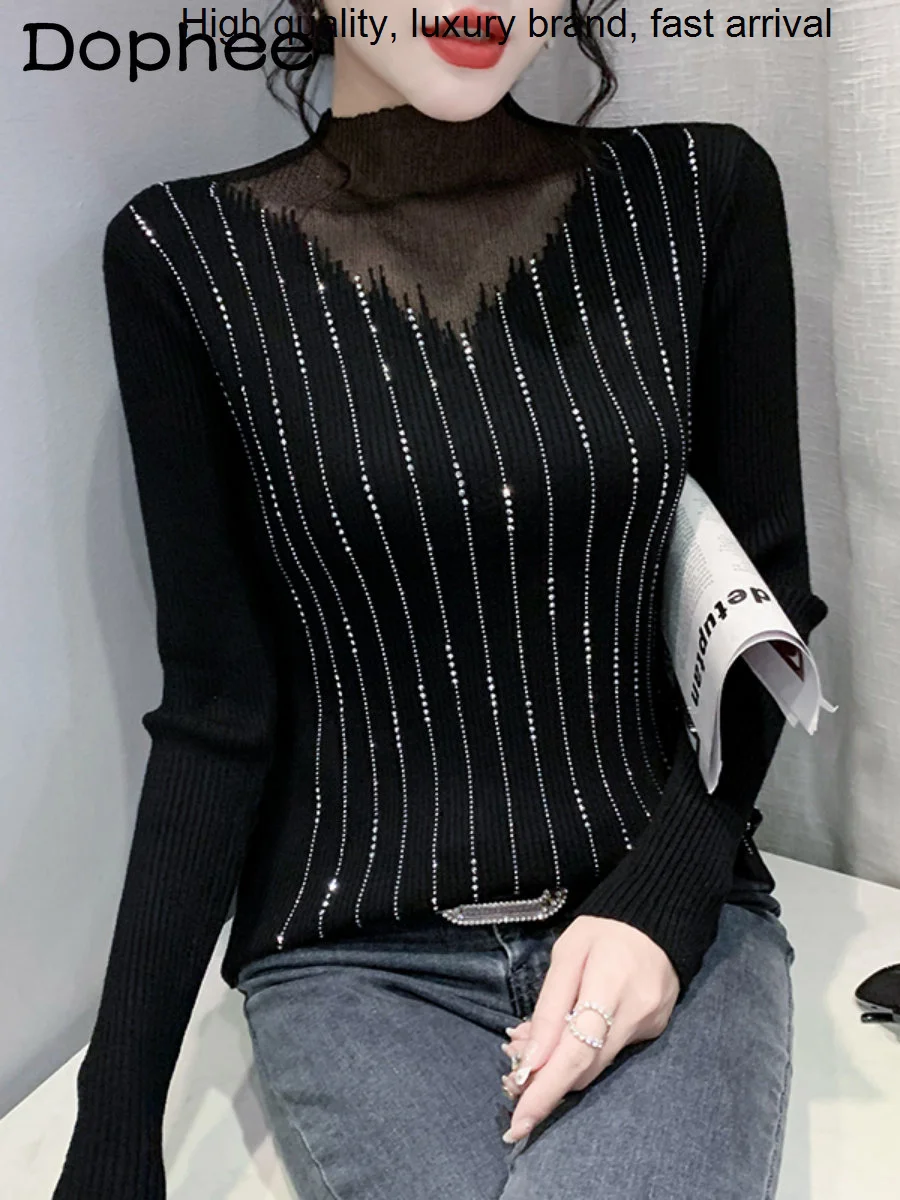 

Mesh Sexy Hollow-out Rhinestone Knitted Bottoming Shirt Women Fashion Outer Wear Long Sleeve Top 2023 New Winter Sweater