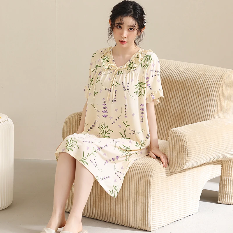 Newest Summer M-5XL Cotton Nightgown Ladies Sleepwear Girls Gift Short Sleeve Round Neck Nightdress